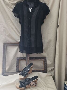 Apostrophe Black Sheer Button-Up Blouse